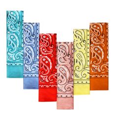 six different colored bandannas are lined up in a row on a white background