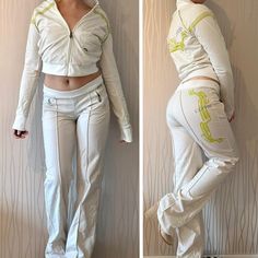 The complete cream and lime loungewear tracksuit sweatsuit by brand Diesel in the early 2000's! What an unbelievably iconic set!! Features low-midrise sweatpants with super flattering seams, elastic waist, zip pocket, embroidered brand hit and tattoo style print on the hip, and zip up track jacket with lime green piping, and insane embroidered and printed back design! Tagged size medium but fits more like a small PLEASE NOTE: these are very slightly different colors, the pants are pretty white and the jacket is a little more cream but it's barely noticeable Y2k Two Piece, Y2k Tracksuit, Vest Layering, Vintage Diesel, Sweat Suit, Womens Sports, Loungewear Set, Athletic Outfits, Romper Pants