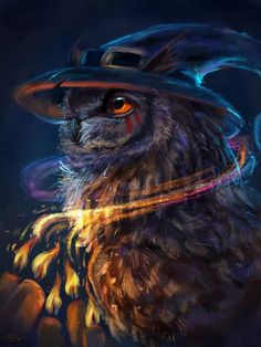 an owl wearing a hat with feathers on it's head and glowing lights in the background