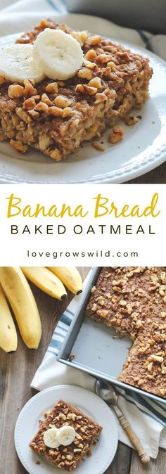 banana bread baked oatmeal on a plate with bananas