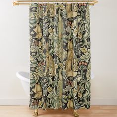 a shower curtain with an animal and flowers pattern