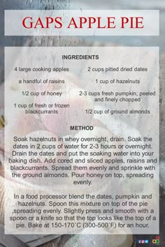 the ingredients for an apple pie are shown in this recipe card, which includes instructions on how to make them