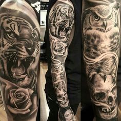 two men with tattoos on their arms, one has an owl and the other is a tiger