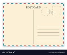 a postcard with an envelope and postage stamp on the front, in blue and red