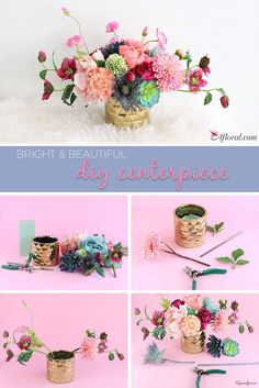 this is a collage of different flowers in vases and on the ground with text that reads bright & beautiful diy centerpiece