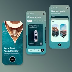 three smartphones with different screens showing travel destinations and the text choose a yacht, let's start your journey