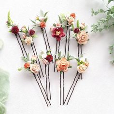 This set burgundy orange flower hair pins wedding , of artificial flowers This a beautiful and delicate hair accessory for brides and a nice gift to the bridesmaids   On the wedding day, every bride wants to look fantastic. This flower hair piece , will be a magical addition to your look on your happiest day.  This will emphasize the ease of your image.  The comb is very conveniently attached to the hair and fits in with any hairstyle.  -Material- artificial pearl and artificial greenery  -Colors-  burgundy, orange, rust, green, white - Unique handmade.  Wedding - is one of the most important events in the life of any girl I am happy to try to make the most beautiful decoration for you, to make you feel the most beautiful bride. You deserve the best! Burgundy And Pink Hair, Flower Hair Pins Wedding, Flower Hair Piece, Hair Pins Wedding, Flower Hair Pins, Flower Hair Pieces, Floral Hair Pins, Fleur Orange, Artificial Greenery