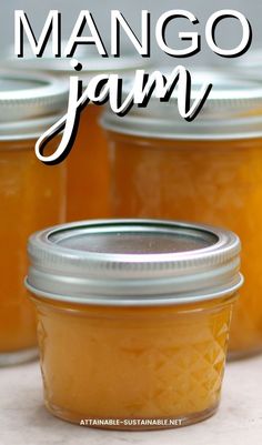 canning jars full of mango jam. Mango Preserves, Mango Jam Recipe Homemade, Mango Habanero Jam Recipe, Mango Jalapeno Jam, Pineapple Mango Jam Recipe, Mango Pineapple Jam, Mango Jam With Pectin, Mango Jelly