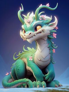 a green and white dragon sitting on top of a snow covered ground next to a blue sky