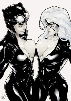 two women in black catsuits standing next to each other with their hands on their hips