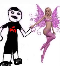 a cartoon character holding the hand of a doll dressed up as a man and woman