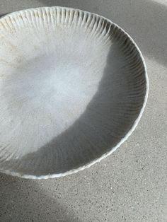 a white paper plate sitting on top of a cement floor next to a cup filled with water