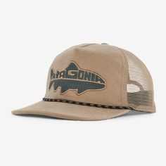 a brown trucker hat with an image of a fish on the front and back