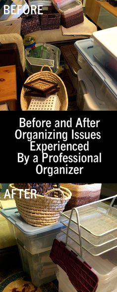 before and after organizing issues experienced by a professional organizer in the living room or kitchen