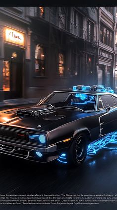 A black 1970 Dodge Charger positioned in a dynamic, cinematic style similar to the DeLorean from 'Back to the Future'. The Charger is equipped with futuristic modifications like those on the DeLorean, including a visible flux capacitor inside, blue electrical energy effects, and retro sci-fi elements. The environment around the car is a mix of urban and futuristic settings, with dramatic lighting that highlights the unique features of the vehicle.