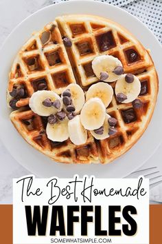 the best homemade waffles with chocolate chips and banana slices on top is shown