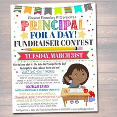 Flyer design ideas Principal For The Day, Principal For A Day, School Fundraising Events, Pta Events, Unique Fundraisers