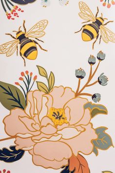 bees and flowers on a white background