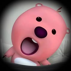 an animated pink bear with its mouth open and tongue out in front of the camera