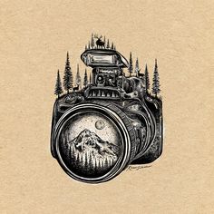 a drawing of a camera with trees and mountains in the background