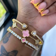 I love a pretty bracelet stack 😍 this gold and pink is everything! View our Jodie ♡ Set on toptiercharms.com 🔗 @toptiercharms Pink And Gold Jewelry, Pretty Stacks, Black And Gold Outfit, Pink Everything, Jewelry Stack, Girly Bracelets, Bracelet Stacks, Gold Outfit, Gold And Pink