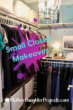 small closet makeover with clothes and chandelier hanging from the ceiling in front of it