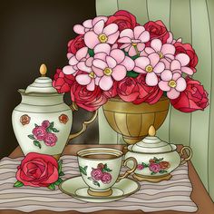 a painting of flowers and tea cups on a table