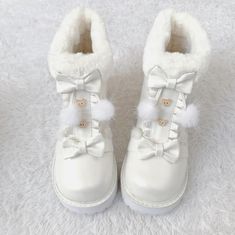 Kawaii Sweet Plush Warm Cute Bowknot Winter Snow Boots BE514 - Harajuku Kawaii Fashion Anime Clothes Fashion Store - SpreePicky White Winter Shoes, Fluffy Winter Boots, Kawaii Winter Outfits, Cute Winter Shoes, Kawaii Boots, Shoes Kawaii, Winter Kawaii, Snow Clothes, Cute Winter Boots