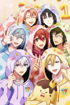 an anime poster with many people in pajamas and one is holding up the peace sign