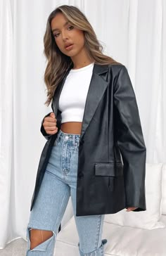 Take The Lead PU Blazer Black | White Fox Boutique USA White Fox Boutique, Outfits 2023, Blazer Black, Looks Chic, Straight Leg Denim, Winter Fits, Black Leather Jacket, Mode Inspiration