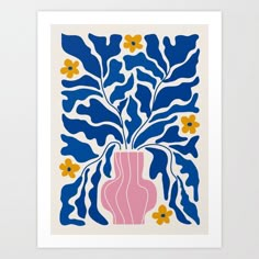 a pink vase filled with yellow flowers on top of a blue and white tablecloth