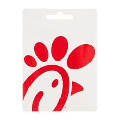 a red and white sticker with an image of a dog's paw on it