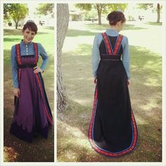 two pictures of a woman wearing an apron and dress