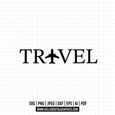 the word travel is written in black on a white background