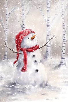 a painting of a snowman with a red hat and scarf on it's head