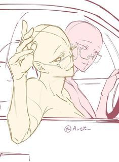 a drawing of two people sitting in a car talking on the phone and looking at their cell phones