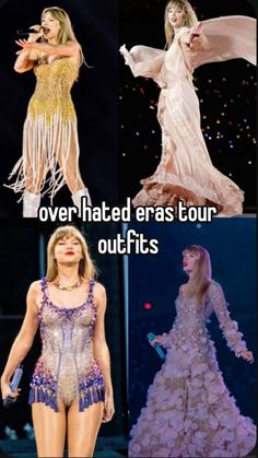 four different pictures with the words over - hated eras tour outfits on them, including taylor