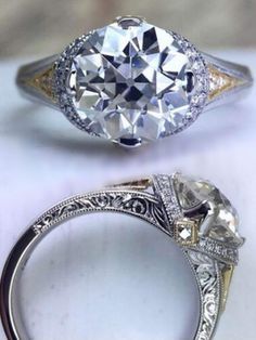 an old - fashioned diamond ring is shown next to the new one, which has been set in gold and silver