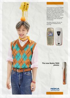 an advertisement for the nokia cell phone with a man wearing a sweater vest and tie