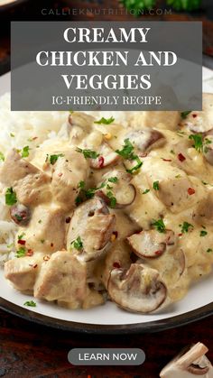 creamy chicken and veggies with white rice on a plate