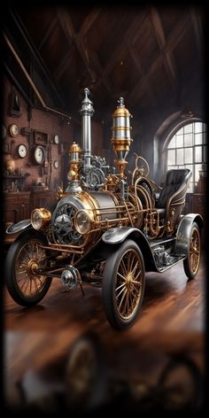 an old fashioned car is parked in a room with clocks on the wall and wood flooring