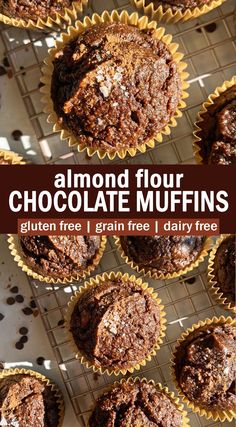 chocolate muffins on a cooling rack with text overlay that reads, almond flour chocolate muffins