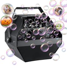 a black box with soap bubbles surrounding it and an image of a jack - o - lantern