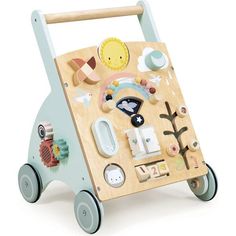 a wooden toy with various items on it