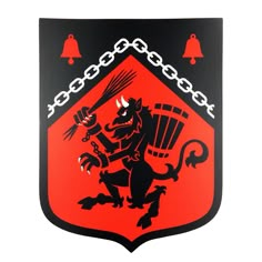 a red and black shield with a lion on it's side, surrounded by bells