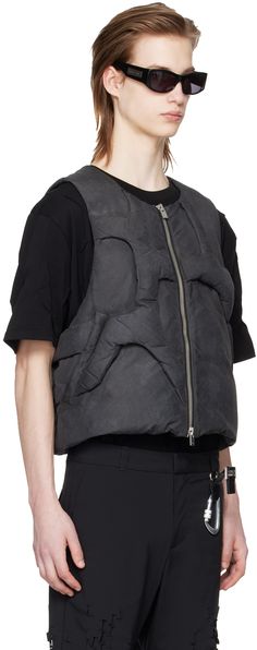 Down-filled quilted nylon taffeta vest. Fading throughout. · Asymmetric layered construction · Crewneck · Two-way zip closure · Zip pockets · Fully lined · Logo-engraved silver-tone hardware Supplier color: Black Fill: 90% duck down, 10% duck feather. Fitted Quilted Nylon Vest, Nylon Vest With Zipper Closure For Streetwear, Heliot Emil, Duck Feather, Silver Engraving, Down Vest, Duck Down, Zip Pockets, Silver Tone