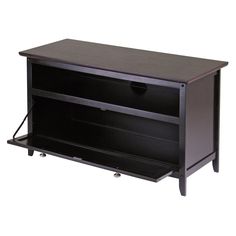 an entertainment center with two shelves and wheels on the bottom, one shelf is open