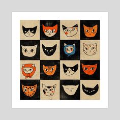 an art print with many different cats in black, orange and white squares on it