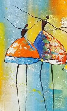 an abstract painting of two people standing on top of each other with their arms in the air