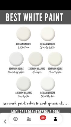 the best white paint colors for walls and floors in different shades, from dark to light